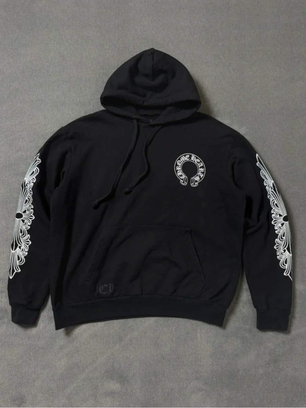 Chrome Hearts Black Hoodie with White Graphic Horsehoe Back and Sleeve Motifs